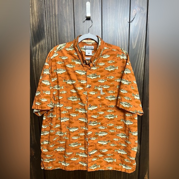 COLUMBIA SPORTSWEAR ORANGE FISH PRINT ALL OVER DEEP SEA FISHING SHIRT MENS XL - Picture 3 of 10